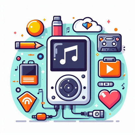 Music player with media icons. Colorful flat vector concept illustration.のイラスト素材