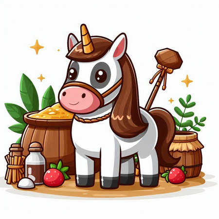 Cute cartoon unicorn with a pot of honey. Vector illustration.のイラスト素材