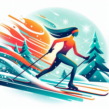 Woman skiing in the mountains. Winter sport illustration. Vector illustration.のイラスト素材