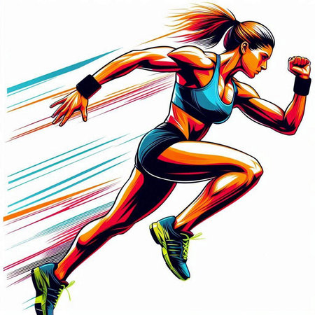 Athletic woman running on white background, vector illustration.