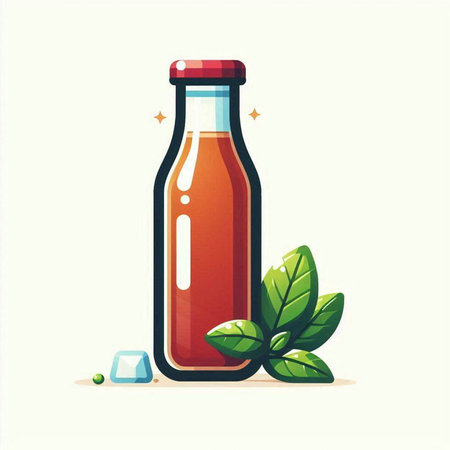 bottle of ketchup and green leaves vector illustration isolated on white backgroundのイラスト素材