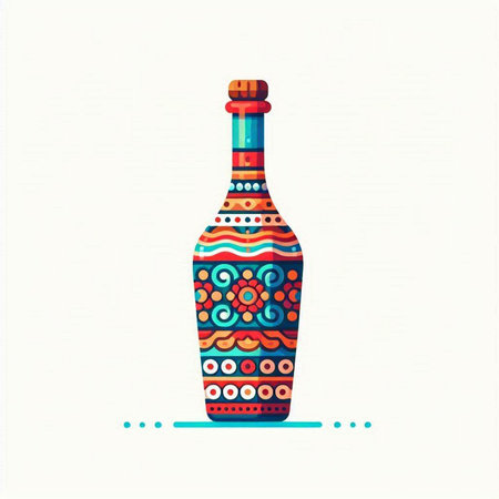 Colorful vector illustration of a bottle of wine with ornament on a white backgroundのイラスト素材