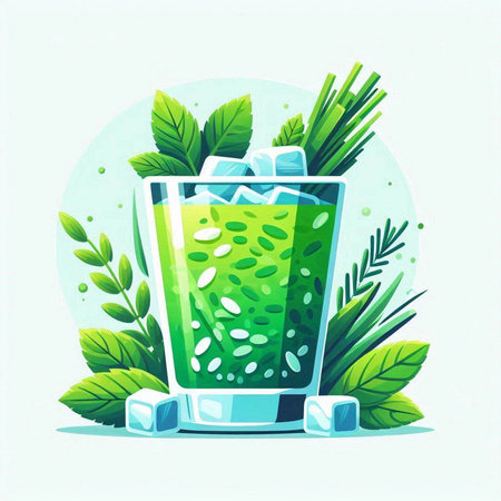 Cocktail with ice and mint leaves. Vector illustration in flat style.のイラスト素材
