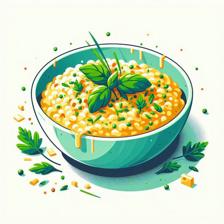 Vector illustration of a bowl of risotto with fresh basil and olive oilのイラスト素材