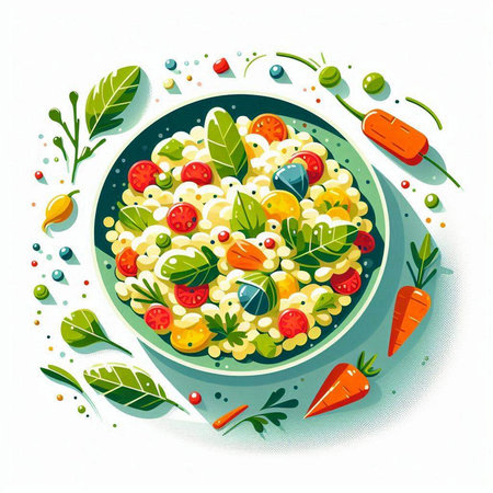 Illustration of a bowl of pasta with vegetables. Vector illustration.のイラスト素材