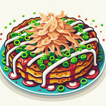 Illustration of a stack of pancakes with green peas and sour creamのイラスト素材