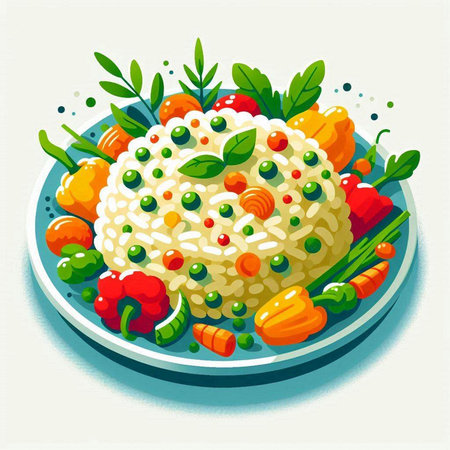 Illustration of a plate of rice with vegetables on a white backgroundのイラスト素材