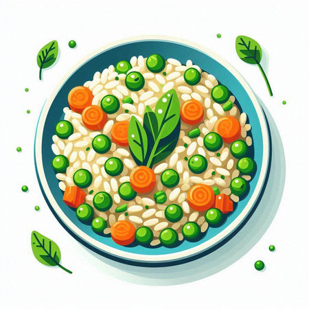 Risotto with green peas and carrots in a blue plate. Vector illustration.のイラスト素材