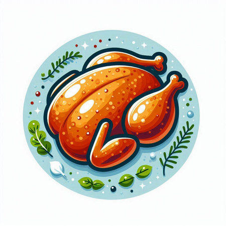 Roasted turkey with leaves on blue round plate. Vector illustration.のイラスト素材