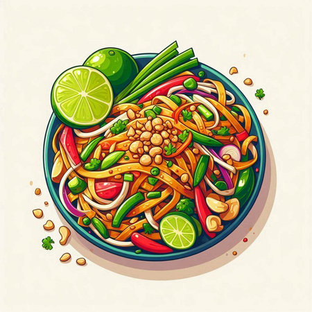 Noodles with vegetables and spices in a bowl. Vector illustration.