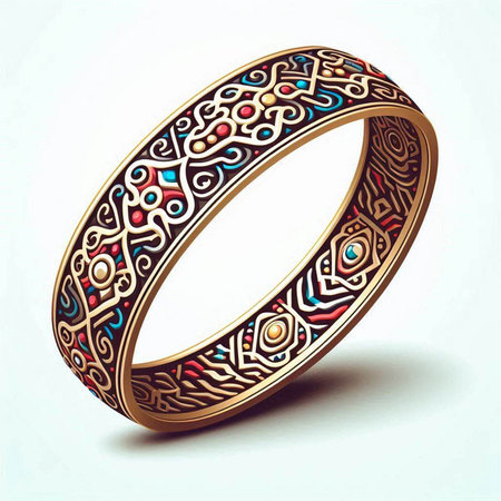 Illustration of gold wedding ring with ornamental design on white background