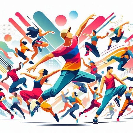 Running people. Colorful vector illustration of a group of young men and women.のイラスト素材