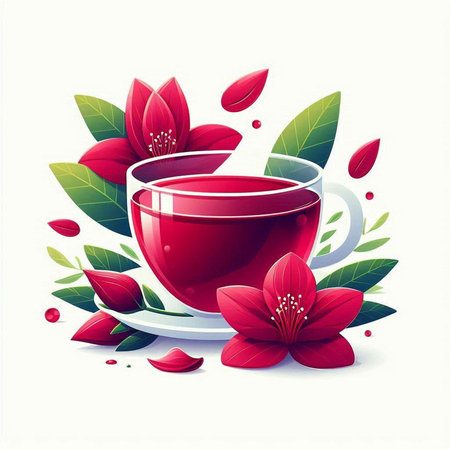 Cup of tea with red flowers and leaves. Vector illustration.のイラスト素材