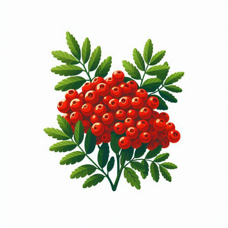 Bunch of red rowan berries with green leaves isolated on white background.のイラスト素材