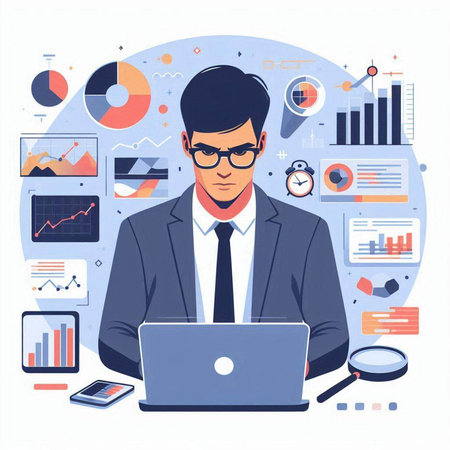 Businessman working on laptop in office. Vector illustration in flat style