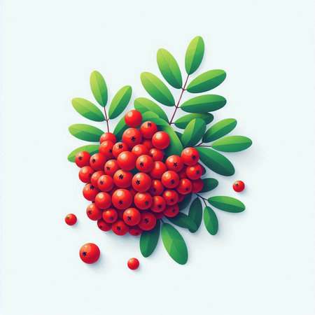 Bunch of rowan berries with green leaves. Vector illustration.のイラスト素材