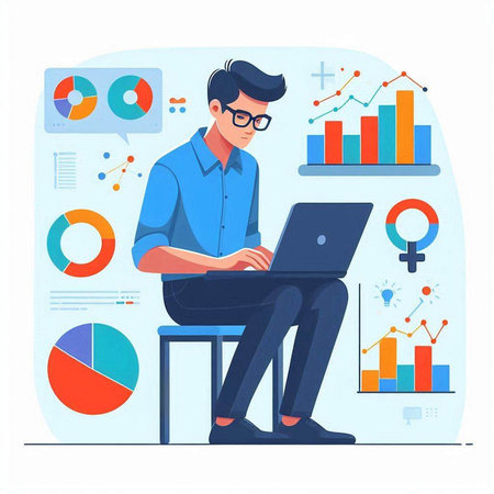 Businessman sitting on chair and working on laptop. Flat vector illustration.のイラスト素材