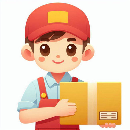 Cute cartoon delivery boy in uniform holding cardboard box. Vector illustration.のイラスト素材