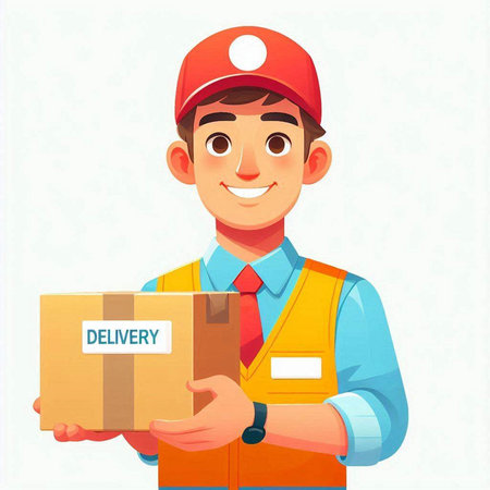 Delivery man in uniform holding cardboard box. Vector illustration in cartoon styleのイラスト素材