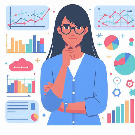 Young woman thinking about business strategy. Vector illustration in flat style.のイラスト素材