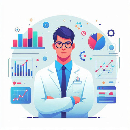 Scientist in white coat and glasses. Vector illustration in flat style