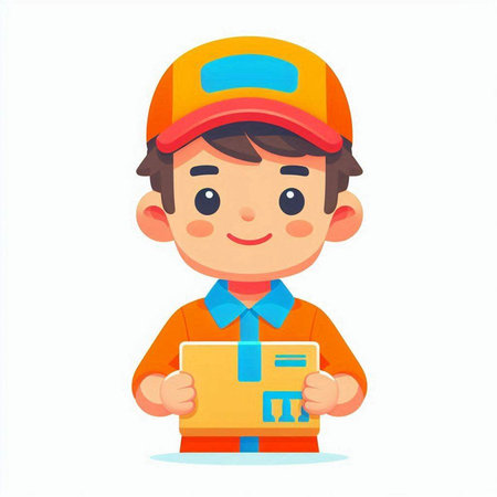 Delivery boy in uniform holding parcel. Vector illustration in cartoon style.のイラスト素材