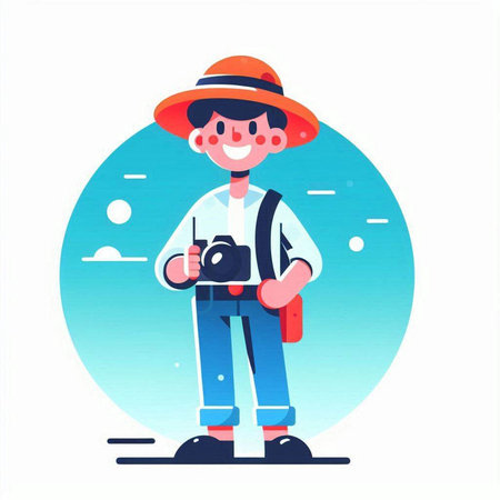 Young man tourist in hat with camera. Vector illustration in flat styleのイラスト素材