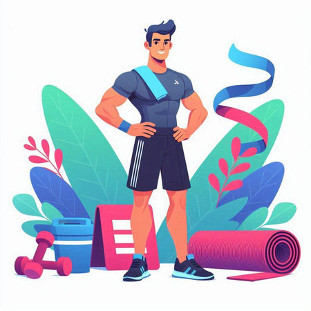 Fitness sporty man in sportswear. Vector illustration in flat styleのイラスト素材
