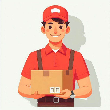 Delivery man holding box. Vector illustration in flat cartoon style. Delivery service concept.のイラスト素材