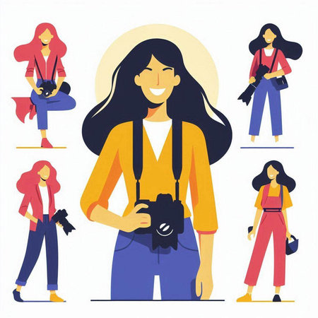 Photographer woman with camera. Vector illustration in flat cartoon style.のイラスト素材