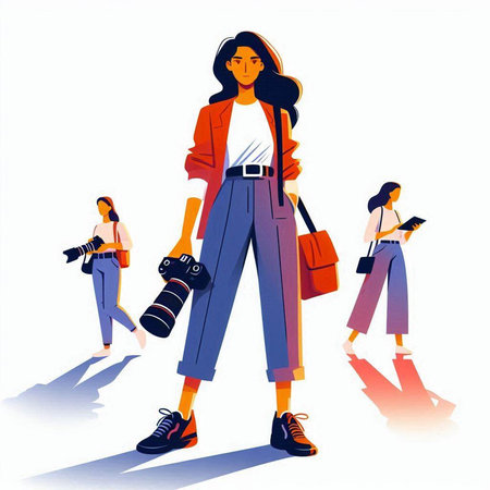 Vector illustration of a young woman walking in the city with her friendsのイラスト素材