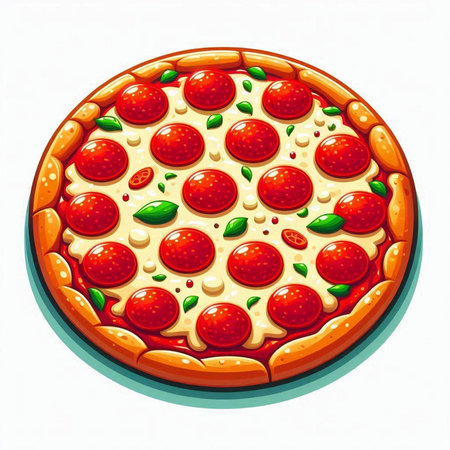 Pepperoni pizza with mozzarella cheese, tomato and basil.のイラスト素材