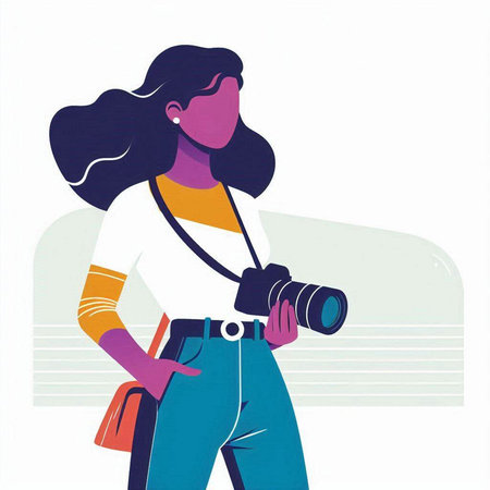 Vector illustration of a girl with a camera in her hands on a white backgroundのイラスト素材
