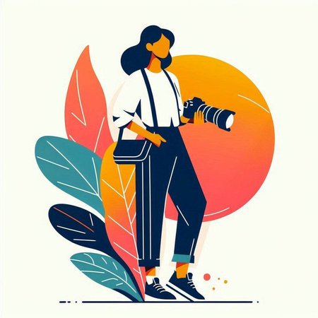 Photographer woman with camera in hand. Vector illustration in flat styleのイラスト素材