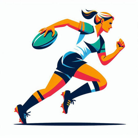 Running woman with rugby ball. Sport vector illustration. Vector illustration.のイラスト素材