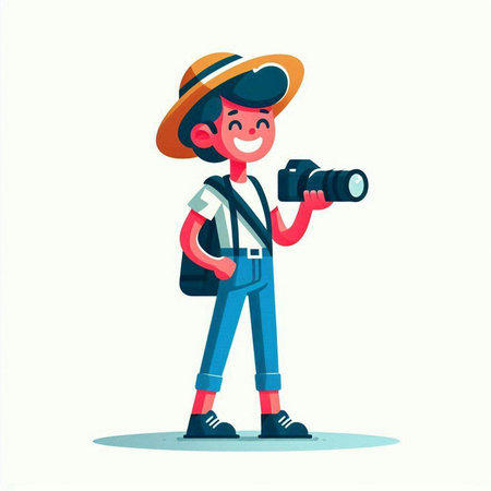 Boy tourist with a camera. Vector illustration in a flat style.のイラスト素材