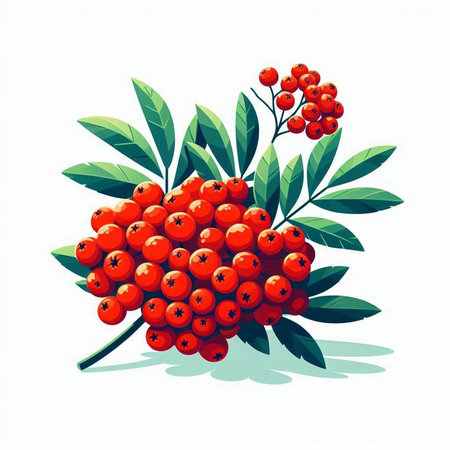 Rowan branch with red berries and green leaves. Vector illustration.のイラスト素材