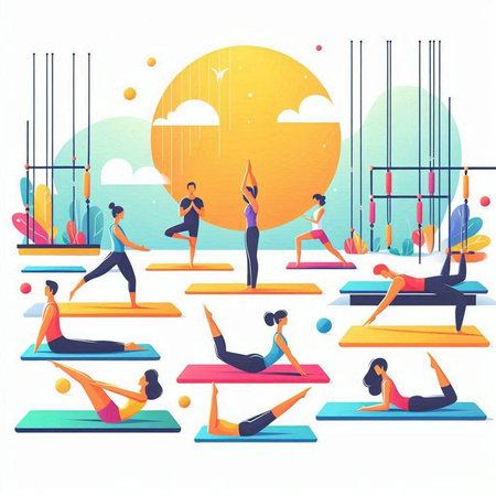 Yoga poses and exercises in the morning. Vector illustration in flat styleのイラスト素材