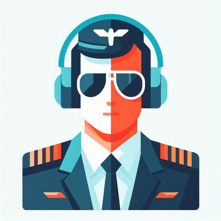 Male pilot in headphones and glasses on a light background. Vector illustrationのイラスト素材