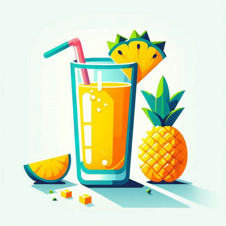 Pineapple juice in a glass with a straw. Vector illustration.のイラスト素材