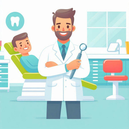 Dentist and patient. Vector illustration in flat cartoon style.のイラスト素材