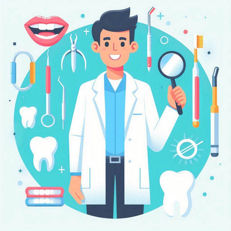 Dentist man in white coat with stomatology tools. Vector illustration in flat styleのイラスト素材