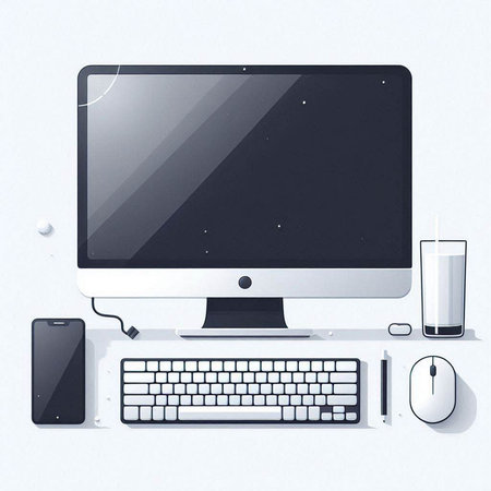 Modern workspace with computer, keyboard and mouse. Top view. Vector illustration.のイラスト素材