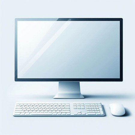Computer monitor with keyboard and mouse on white background. Vector illustration.のイラスト素材