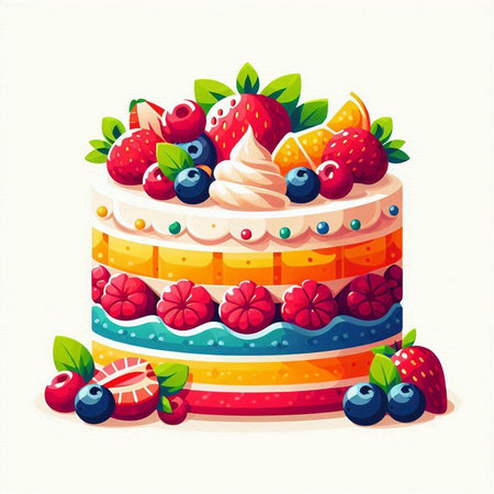Cake with cream and berries. Vector illustration in cartoon style.のイラスト素材