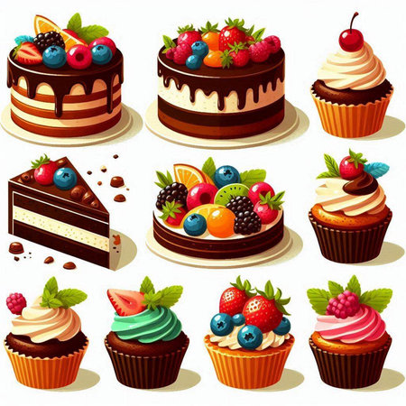 Set of different sweet cakes with berries and cream. Vector illustration.のイラスト素材