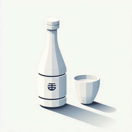 Japanese sake bottle and cup on a white background. Vector illustration.のイラスト素材