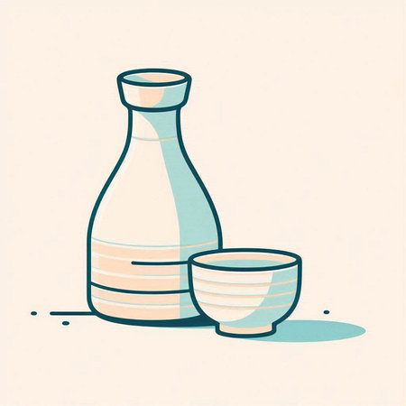 Vector illustration of a glass bottle and a bowl with soy sauce.のイラスト素材