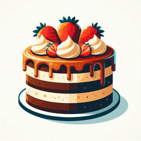 Vector illustration of a chocolate cake with strawberries on a white background.のイラスト素材