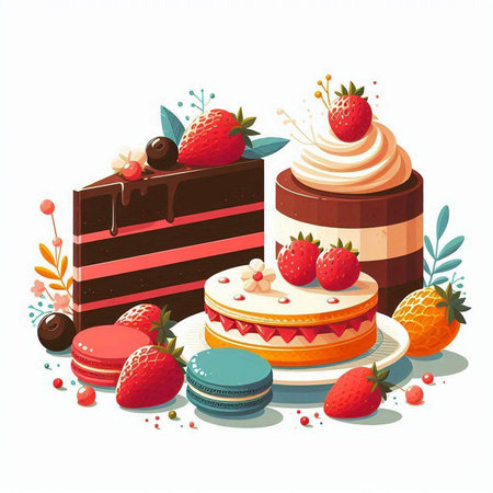 Vector illustration of a set of cakes with strawberries and macaroonsのイラスト素材